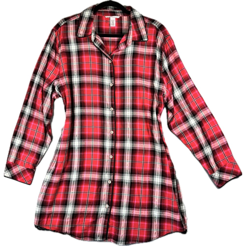 Victoria's Secret Nightgown Women XL Red Plaid Lace Trim Button Down Sleepwear